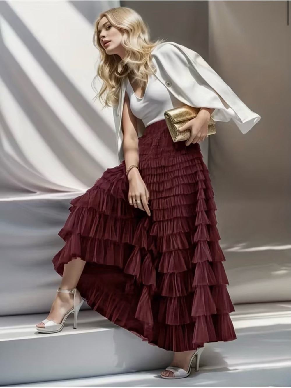 Burgundy Wine Tiered Ruffle Tulle Maxi Skirt Boho Romantic Balletcore M NWT